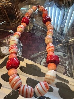 Unlisted Red and Cream Beaded Statement Necklace 38 Inches